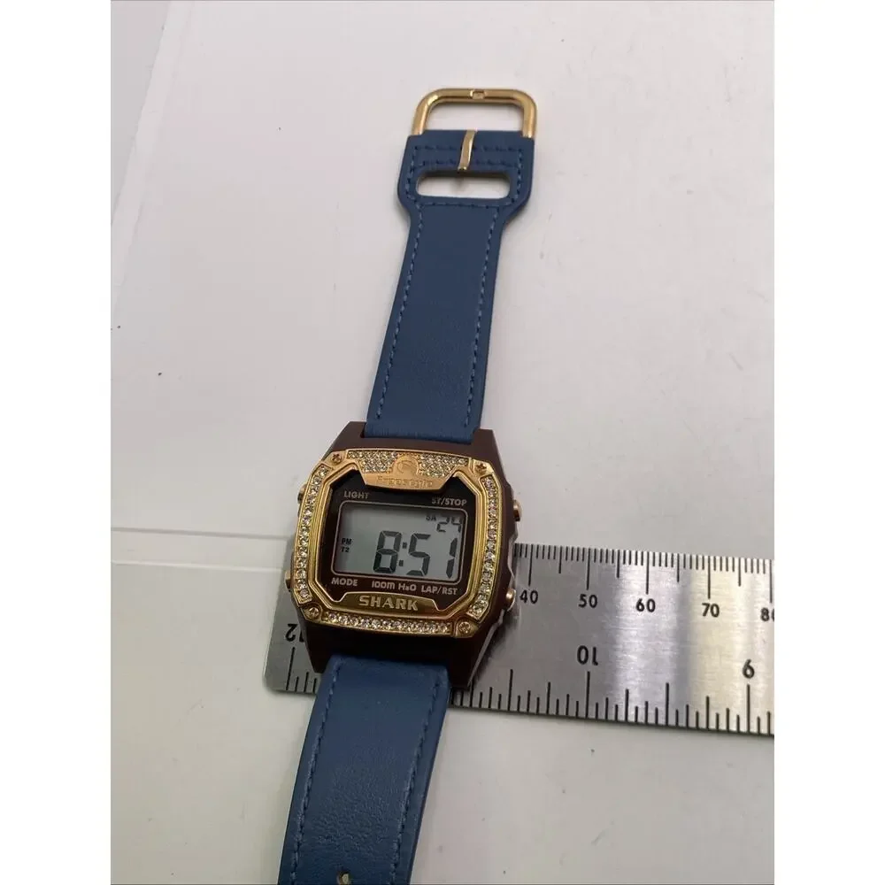 Freestyle Shark Rosegold Rhinestone Blue Leather Band Surfing Watch New Battery
